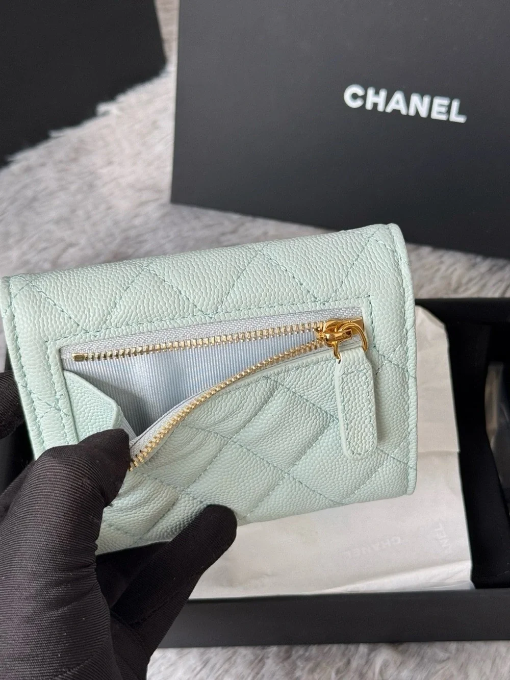 CHANEL Mint Quilted Leather Compact Wallet with Gold CC